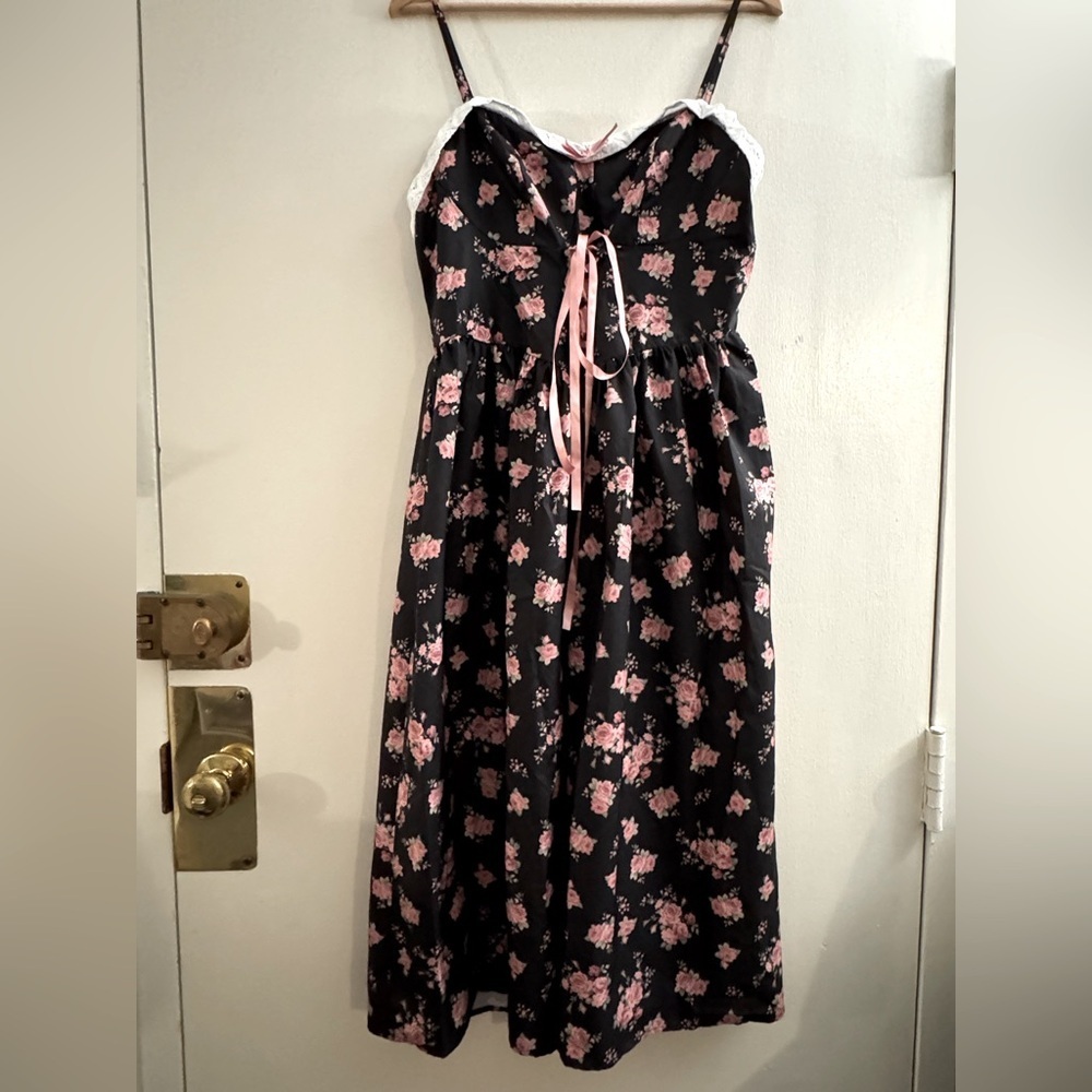 Floral Sweetheart Neckline Lace up Front Midi Dress Large Milkmaid